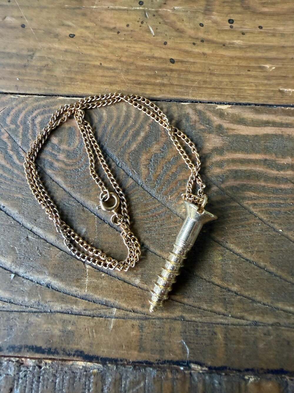Gold Tone Wood Nail Screw Pendant Necklace